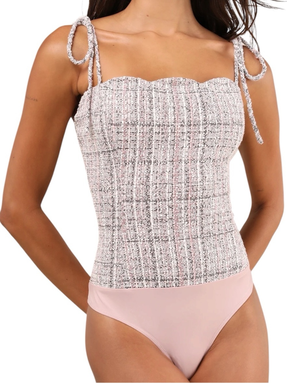 Lulus | Decidedly Flirtatious Pink Tweed Tie Strap Bodysuit Size Small